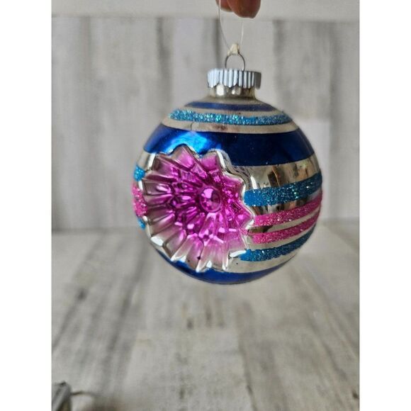 Vintage radko shiny Brite reflector blue striped ball ornament Xmas tree - Picture 1 of 10